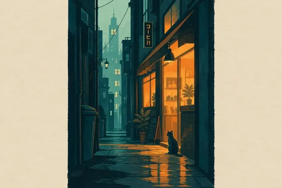 话题封面:窄巷中亮着灯的小店与一只流浪猫