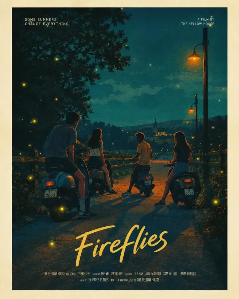 七月萤火影视封面：夏夜乡间公路上骑电动车的年轻人和萤火虫
